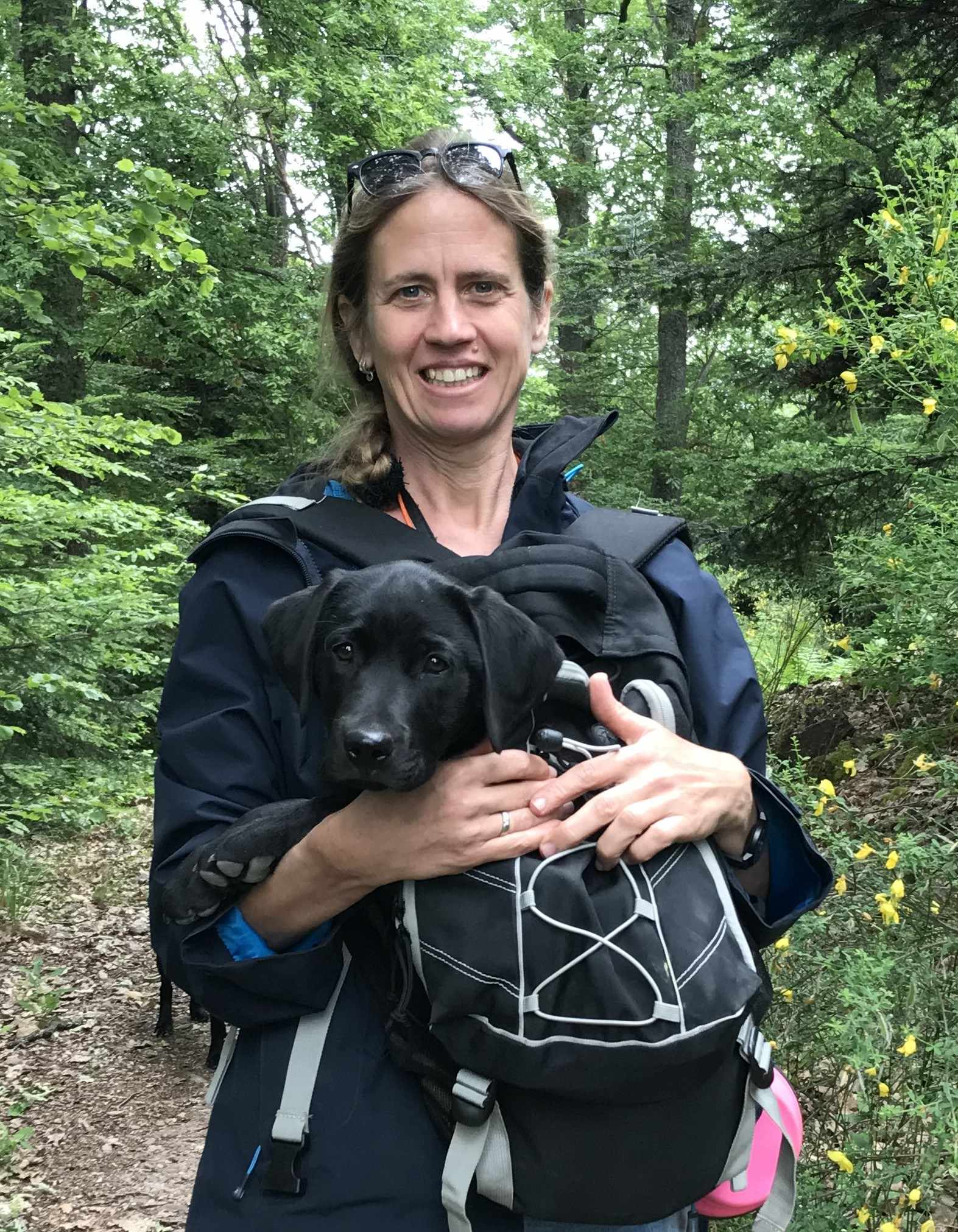 Mit meinem schwarzen Hund im Wald